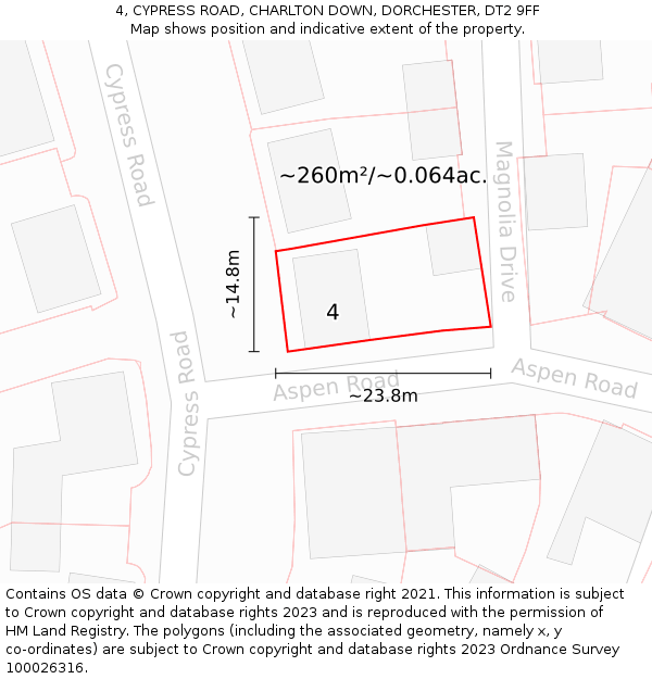 4, CYPRESS ROAD, CHARLTON DOWN, DORCHESTER, DT2 9FF: Plot and title map