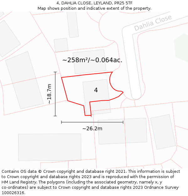 4, DAHLIA CLOSE, LEYLAND, PR25 5TF: Plot and title map