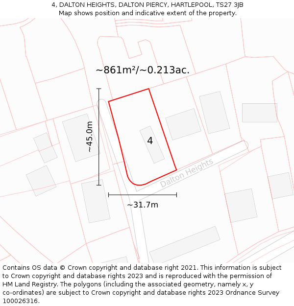 4, DALTON HEIGHTS, DALTON PIERCY, HARTLEPOOL, TS27 3JB: Plot and title map