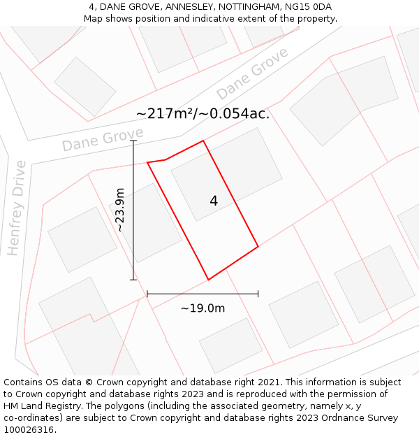 4, DANE GROVE, ANNESLEY, NOTTINGHAM, NG15 0DA: Plot and title map