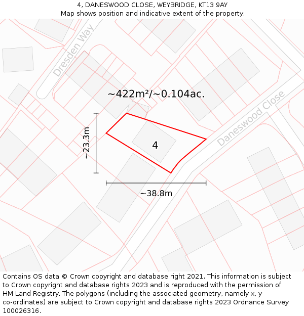 4, DANESWOOD CLOSE, WEYBRIDGE, KT13 9AY: Plot and title map