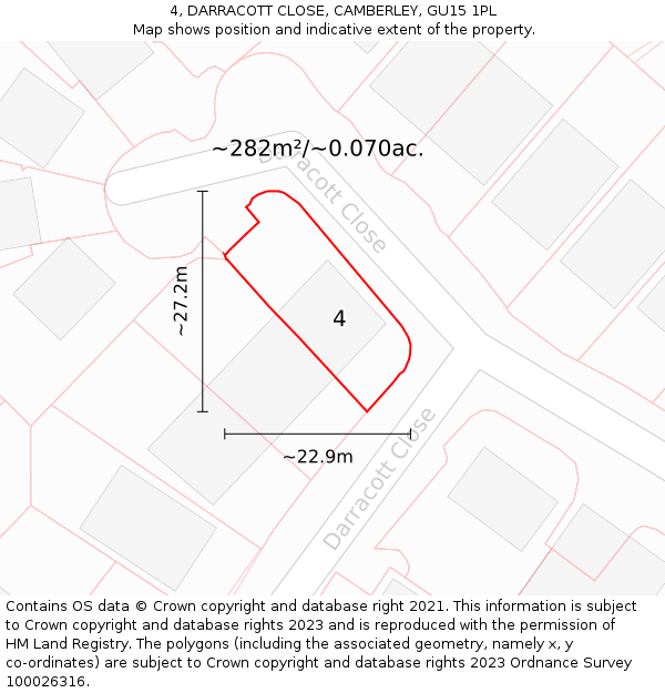 4, DARRACOTT CLOSE, CAMBERLEY, GU15 1PL: Plot and title map