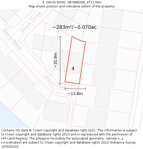 4, DAVIS ROAD, WEYBRIDGE, KT13 0XH: Plot and title map