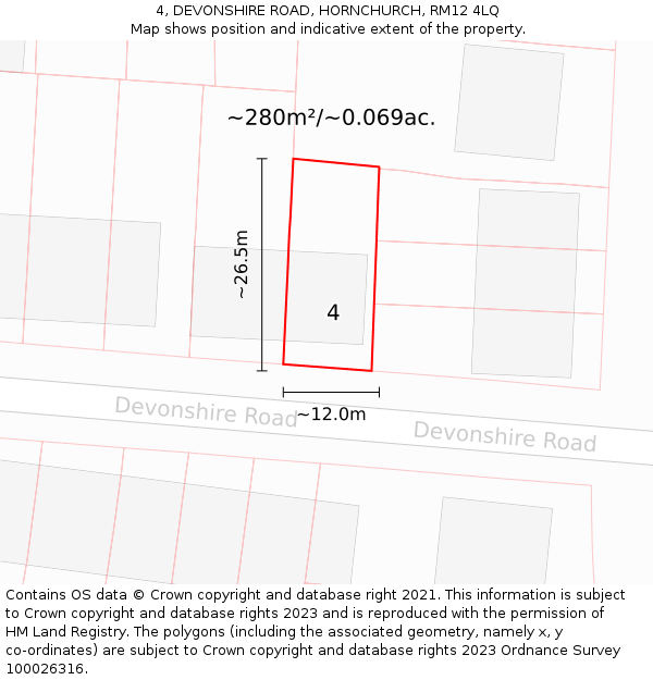 4, DEVONSHIRE ROAD, HORNCHURCH, RM12 4LQ: Plot and title map