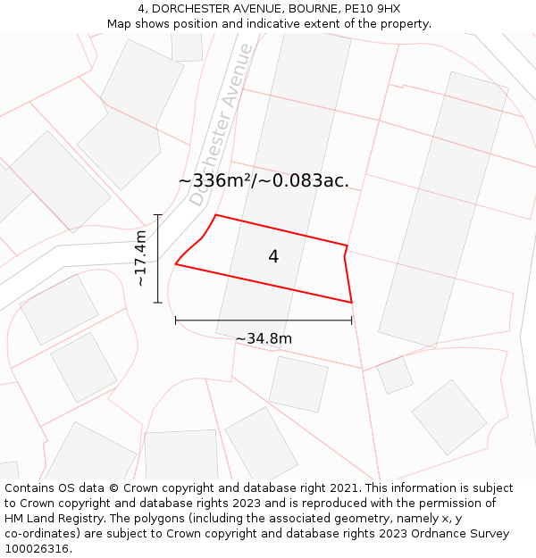 4, DORCHESTER AVENUE, BOURNE, PE10 9HX: Plot and title map