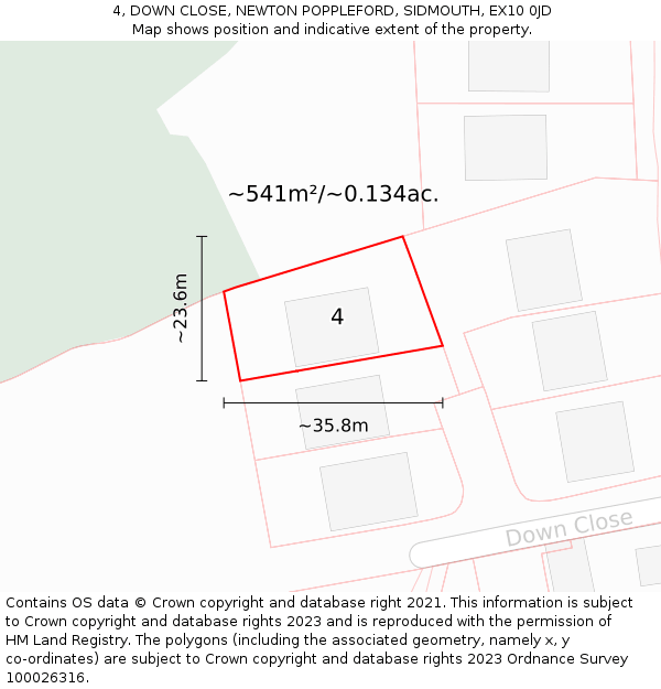 4, DOWN CLOSE, NEWTON POPPLEFORD, SIDMOUTH, EX10 0JD: Plot and title map