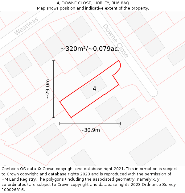 4, DOWNE CLOSE, HORLEY, RH6 8AQ: Plot and title map