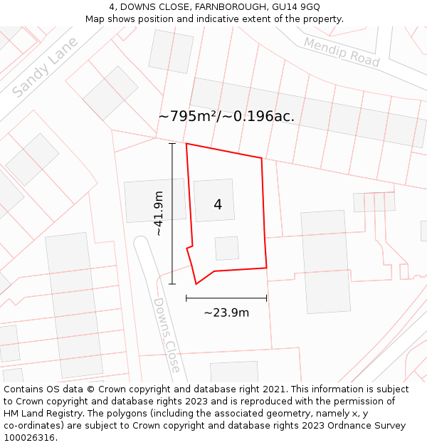 4, DOWNS CLOSE, FARNBOROUGH, GU14 9GQ: Plot and title map