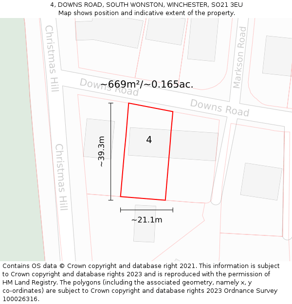 4, DOWNS ROAD, SOUTH WONSTON, WINCHESTER, SO21 3EU: Plot and title map