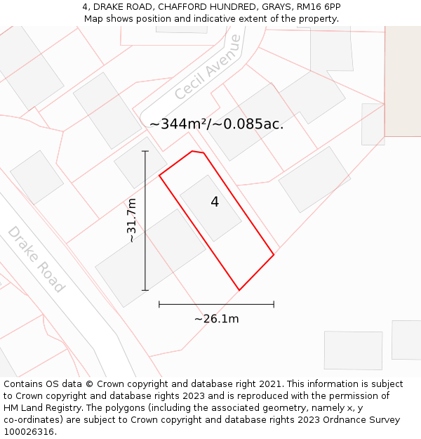 4, DRAKE ROAD, CHAFFORD HUNDRED, GRAYS, RM16 6PP: Plot and title map