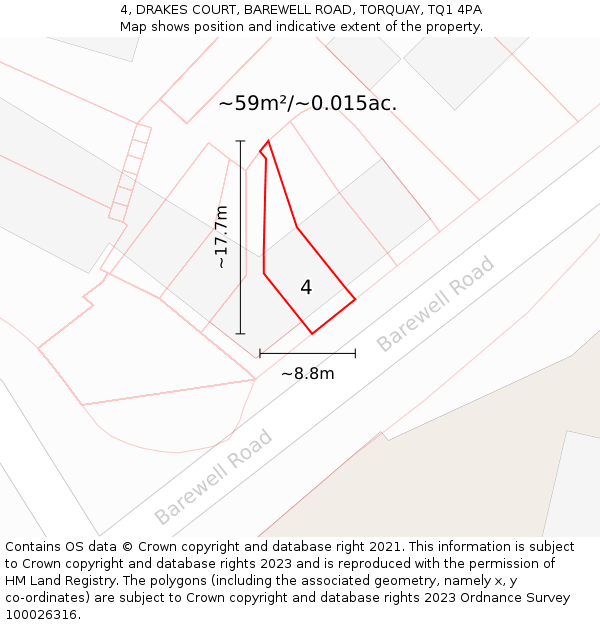 4, DRAKES COURT, BAREWELL ROAD, TORQUAY, TQ1 4PA: Plot and title map