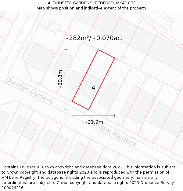 4, DUNSTER GARDENS, BEDFORD, MK41 8BE: Plot and title map