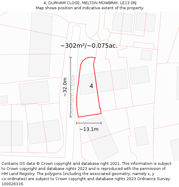 4, DURHAM CLOSE, MELTON MOWBRAY, LE13 0RJ: Plot and title map