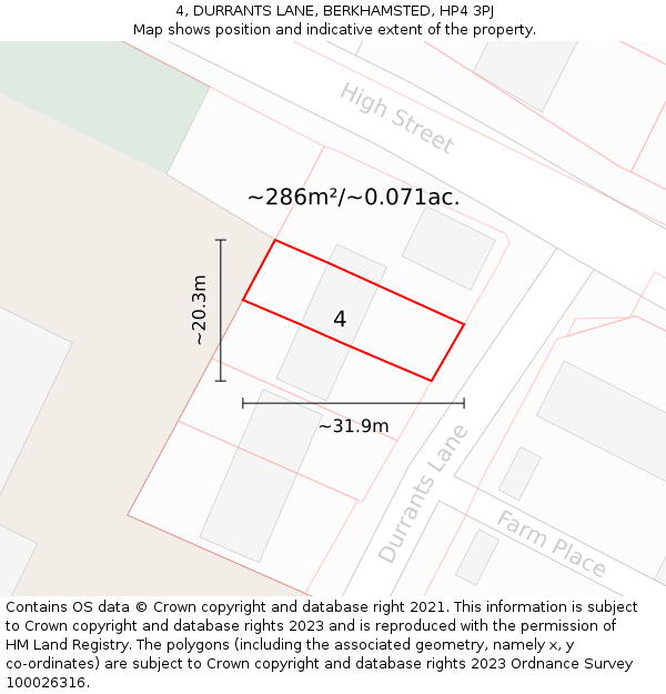 4, DURRANTS LANE, BERKHAMSTED, HP4 3PJ: Plot and title map