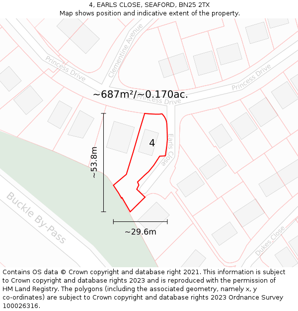 4, EARLS CLOSE, SEAFORD, BN25 2TX: Plot and title map