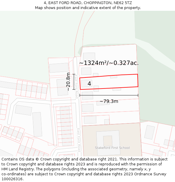 4, EAST FORD ROAD, CHOPPINGTON, NE62 5TZ: Plot and title map