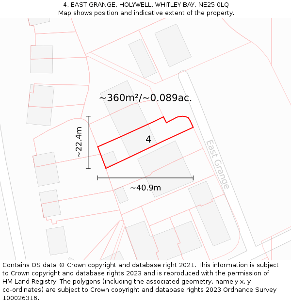 4, EAST GRANGE, HOLYWELL, WHITLEY BAY, NE25 0LQ: Plot and title map