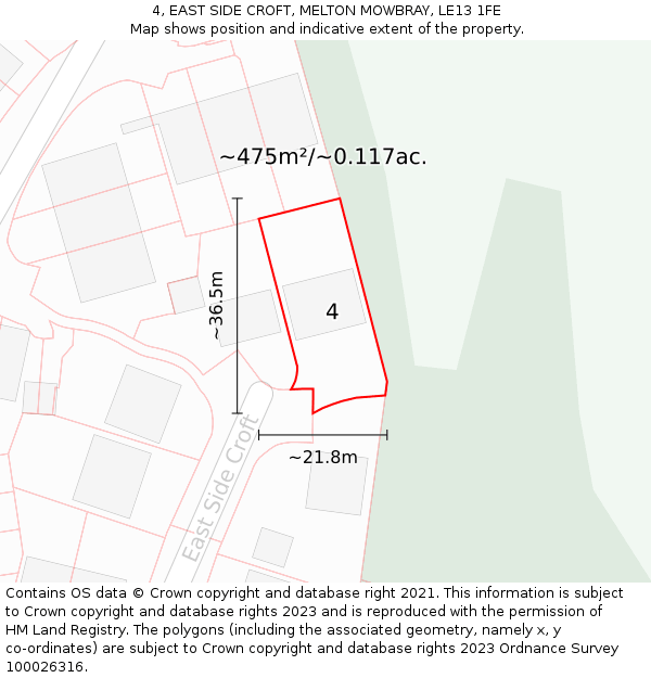 4, EAST SIDE CROFT, MELTON MOWBRAY, LE13 1FE: Plot and title map