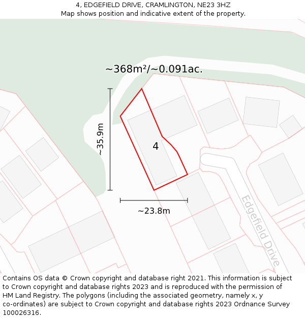 4, EDGEFIELD DRIVE, CRAMLINGTON, NE23 3HZ: Plot and title map