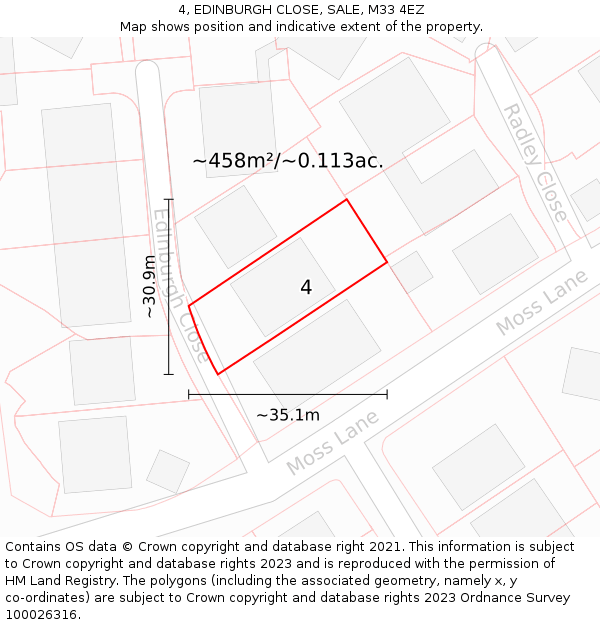 4, EDINBURGH CLOSE, SALE, M33 4EZ: Plot and title map