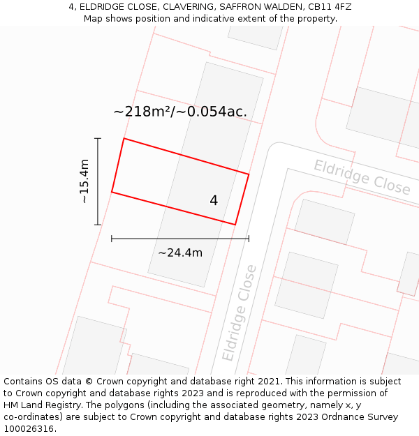 4, ELDRIDGE CLOSE, CLAVERING, SAFFRON WALDEN, CB11 4FZ: Plot and title map