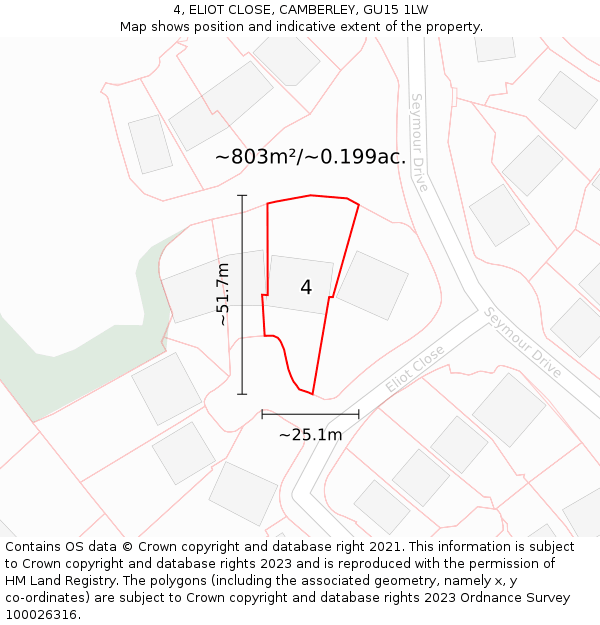 4, ELIOT CLOSE, CAMBERLEY, GU15 1LW: Plot and title map