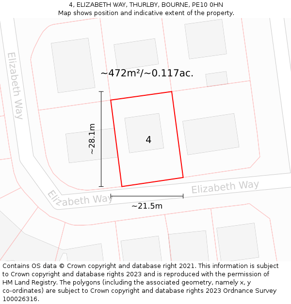 4, ELIZABETH WAY, THURLBY, BOURNE, PE10 0HN: Plot and title map