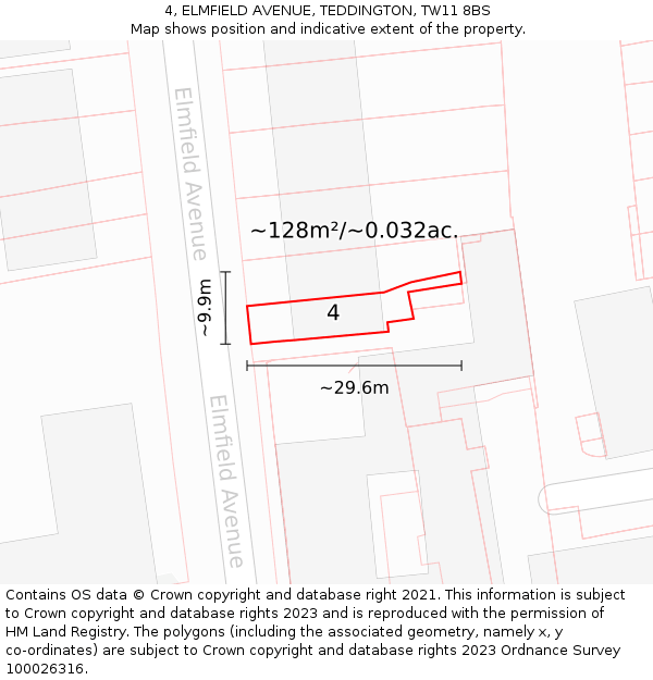 4, ELMFIELD AVENUE, TEDDINGTON, TW11 8BS: Plot and title map