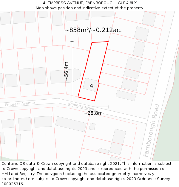 4, EMPRESS AVENUE, FARNBOROUGH, GU14 8LX: Plot and title map