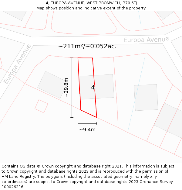 4, EUROPA AVENUE, WEST BROMWICH, B70 6TJ: Plot and title map