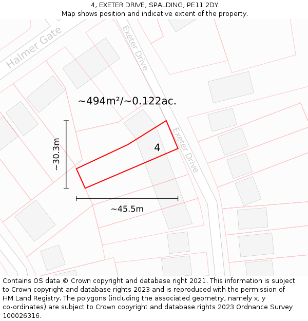 4, EXETER DRIVE, SPALDING, PE11 2DY: Plot and title map