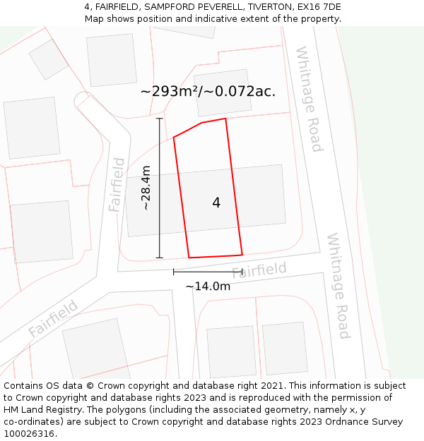 4, FAIRFIELD, SAMPFORD PEVERELL, TIVERTON, EX16 7DE: Plot and title map