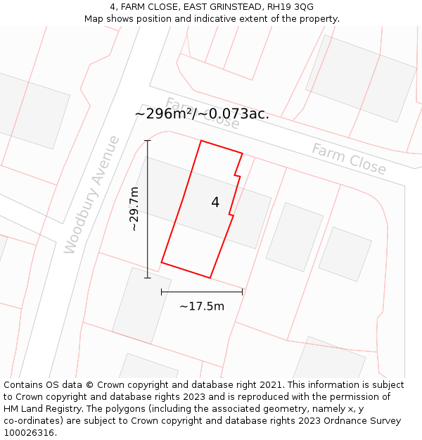 4, FARM CLOSE, EAST GRINSTEAD, RH19 3QG: Plot and title map