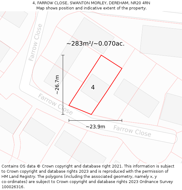 4, FARROW CLOSE, SWANTON MORLEY, DEREHAM, NR20 4RN: Plot and title map