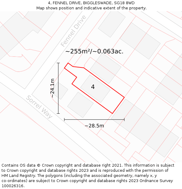 4, FENNEL DRIVE, BIGGLESWADE, SG18 8WD: Plot and title map