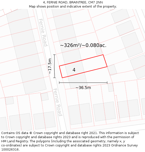 4, FERNIE ROAD, BRAINTREE, CM7 2NN: Plot and title map