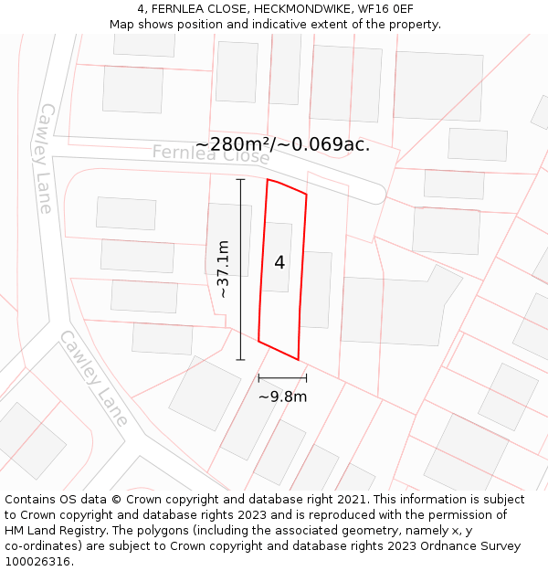 4, FERNLEA CLOSE, HECKMONDWIKE, WF16 0EF: Plot and title map