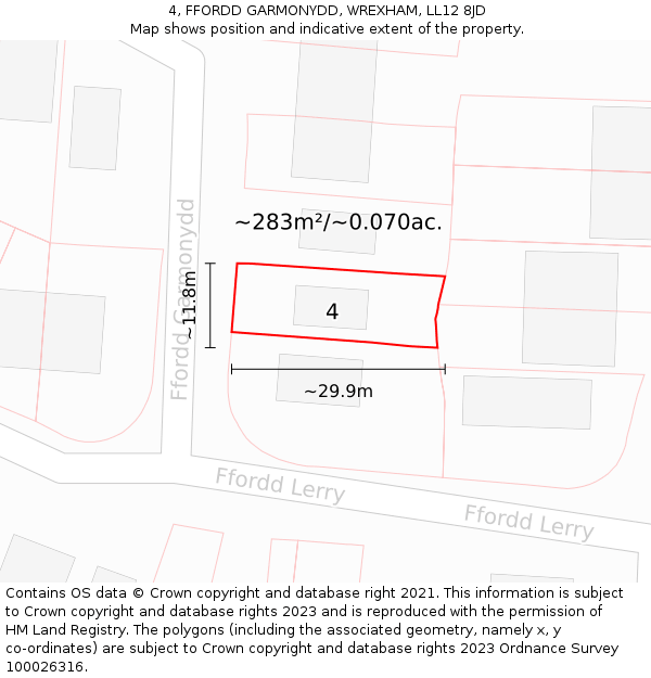 4, FFORDD GARMONYDD, WREXHAM, LL12 8JD: Plot and title map