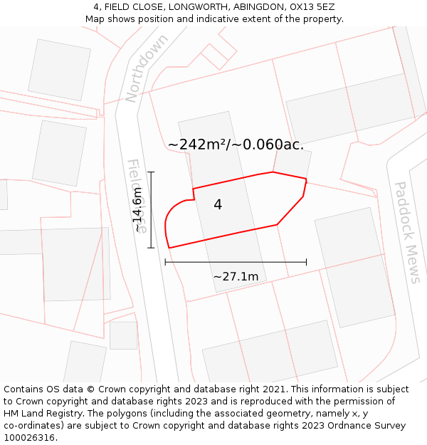 4, FIELD CLOSE, LONGWORTH, ABINGDON, OX13 5EZ: Plot and title map