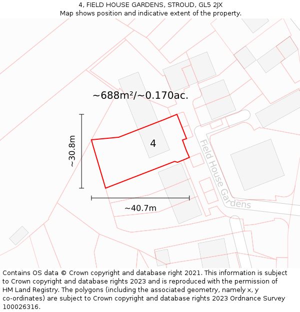 4, FIELD HOUSE GARDENS, STROUD, GL5 2JX: Plot and title map