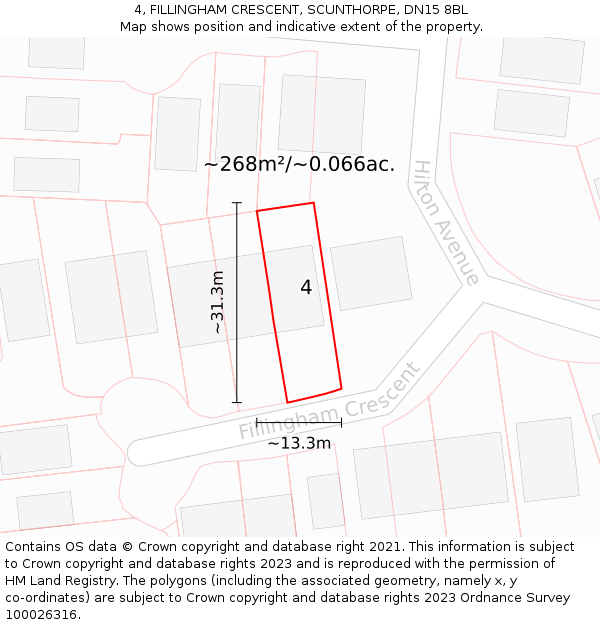 4, FILLINGHAM CRESCENT, SCUNTHORPE, DN15 8BL: Plot and title map