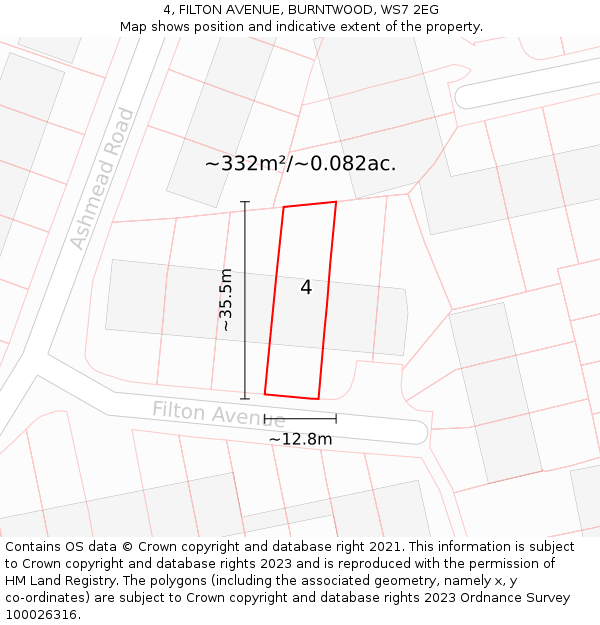 4, FILTON AVENUE, BURNTWOOD, WS7 2EG: Plot and title map