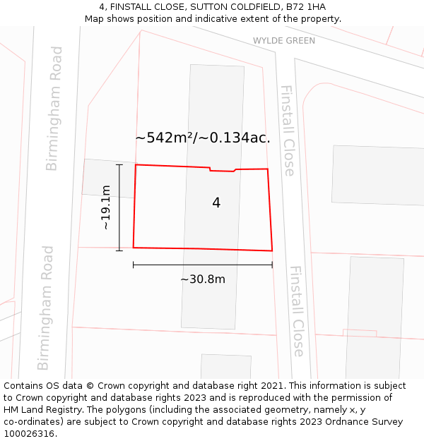 4, FINSTALL CLOSE, SUTTON COLDFIELD, B72 1HA: Plot and title map