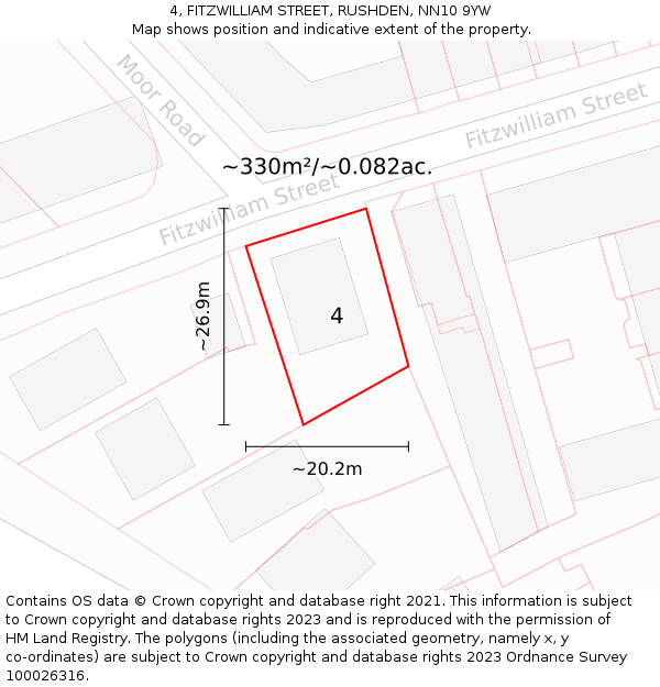 4, FITZWILLIAM STREET, RUSHDEN, NN10 9YW: Plot and title map