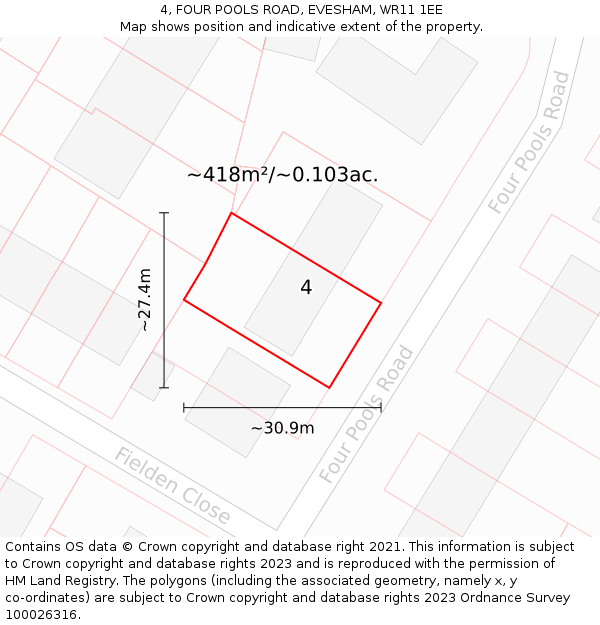 4, FOUR POOLS ROAD, EVESHAM, WR11 1EE: Plot and title map