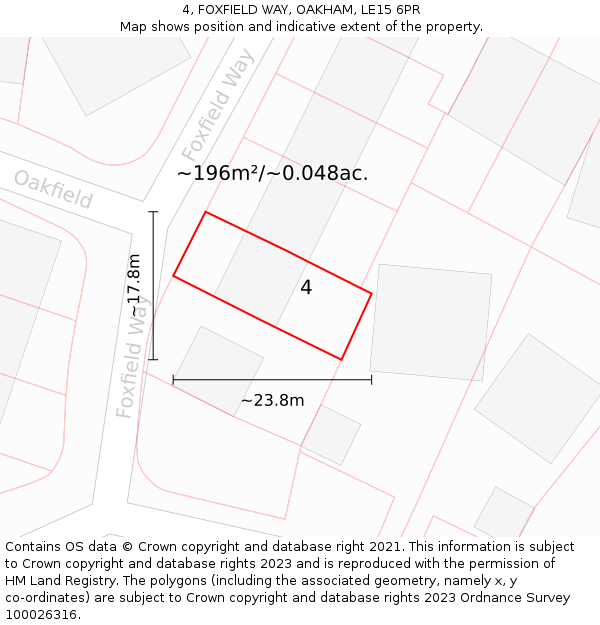 4, FOXFIELD WAY, OAKHAM, LE15 6PR: Plot and title map