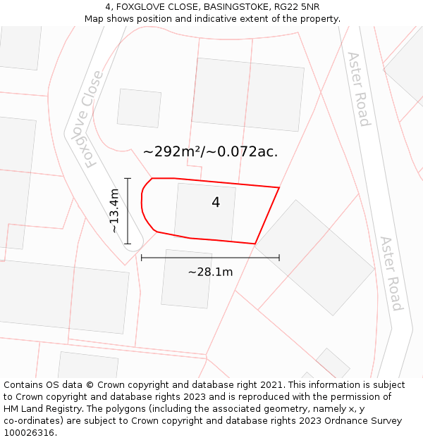 4, FOXGLOVE CLOSE, BASINGSTOKE, RG22 5NR: Plot and title map