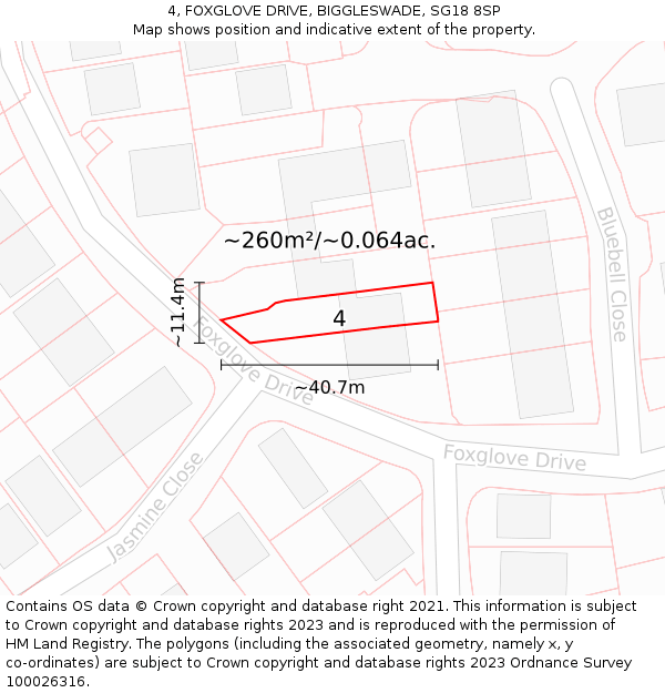 4, FOXGLOVE DRIVE, BIGGLESWADE, SG18 8SP: Plot and title map