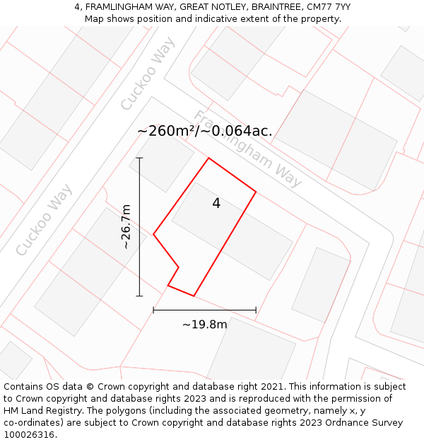 4, FRAMLINGHAM WAY, GREAT NOTLEY, BRAINTREE, CM77 7YY: Plot and title map