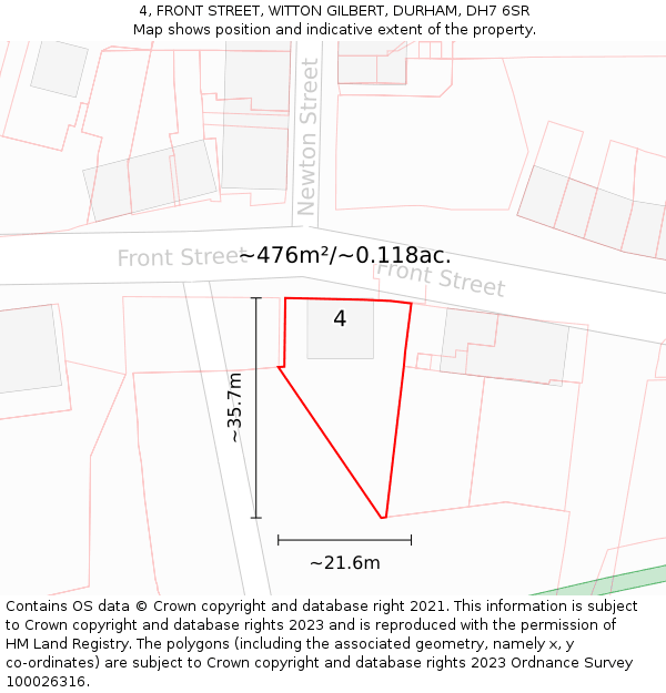 4, FRONT STREET, WITTON GILBERT, DURHAM, DH7 6SR: Plot and title map